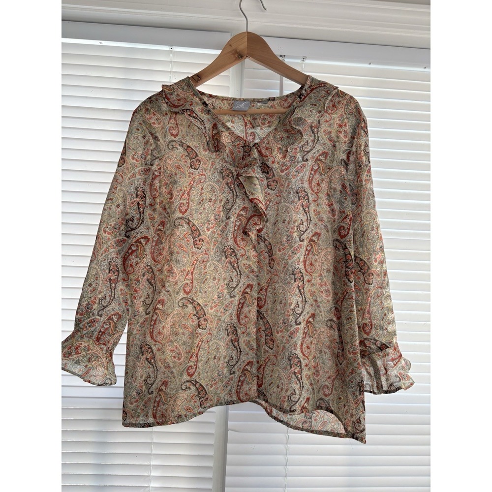 Emma James Liz Claiborne Sheer Paisley Blouse L Tan Fairy Goth Romantic Top